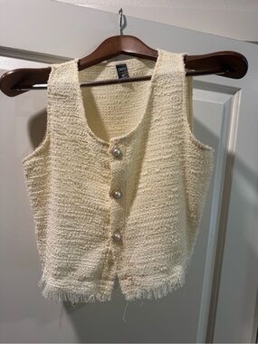 Cream Tweed Button-Front Sleeveless Sweater Vest
